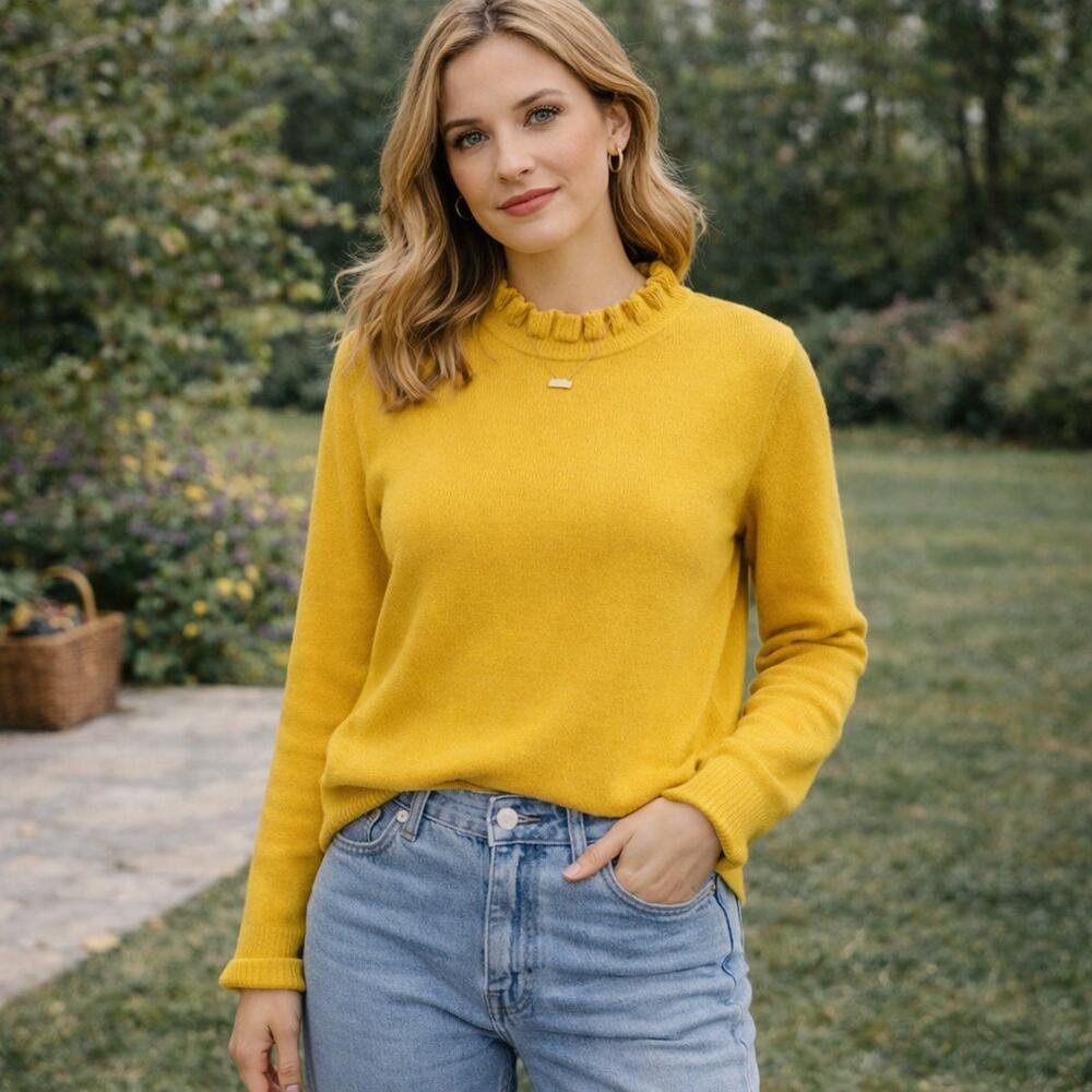 J.Crew Women's SZ M Cotton Ruffleneck Sweater Yellow AS298 NWT